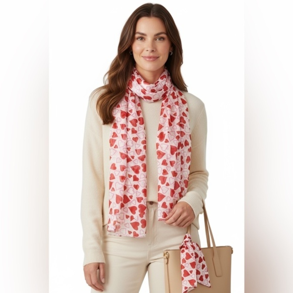 Red Pink Heart Print Satin Scarf Valentine’s Day Gift Wrap Accessory